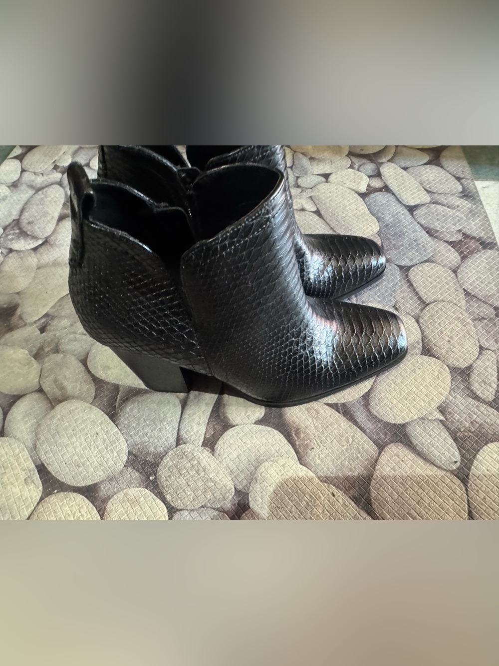 Sun + Stone Black Snake-Textured Ankle Booties